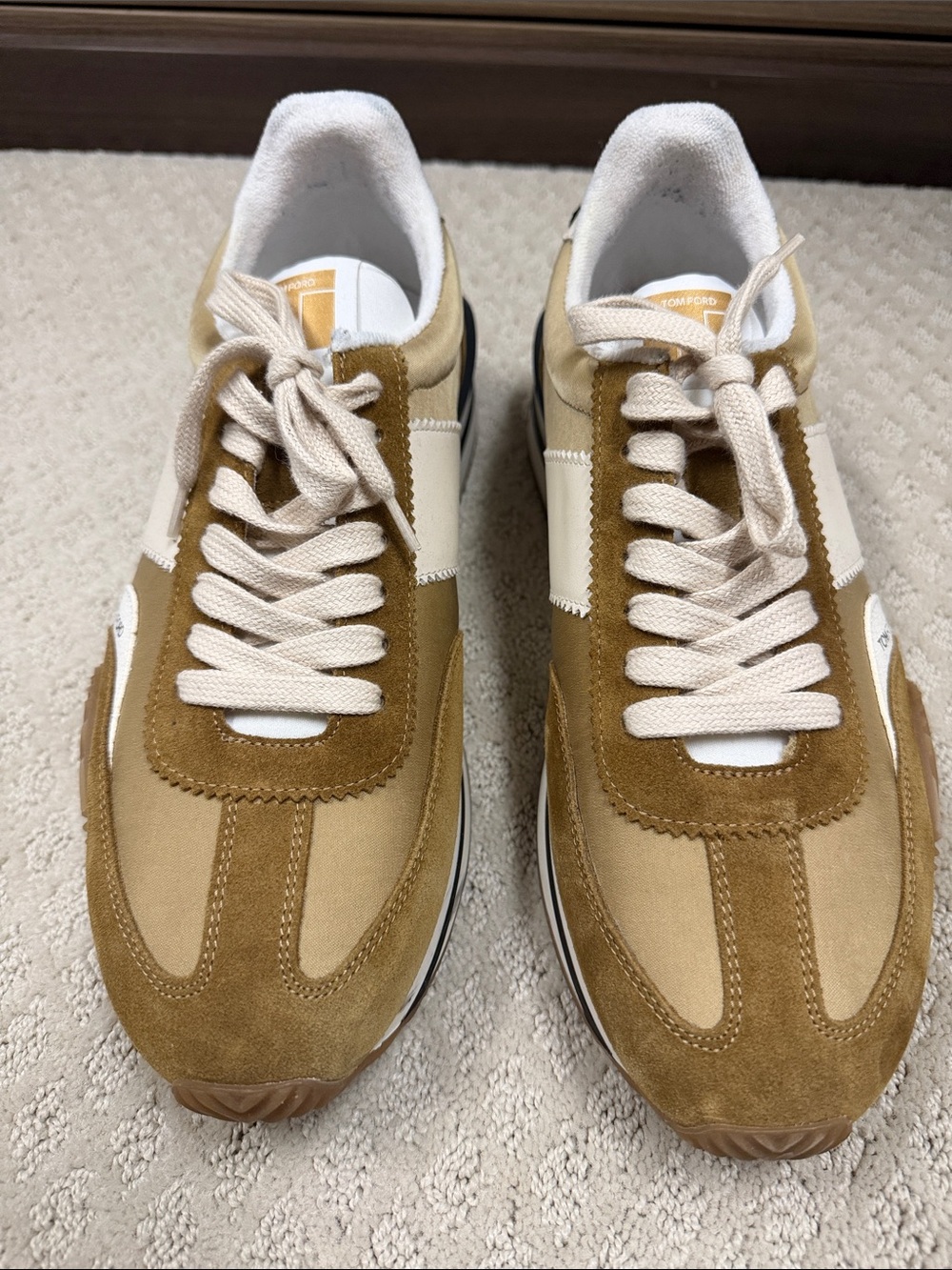 Tom Ford Men’s Tan Suede & Cream Panel Sneakers - Size 12